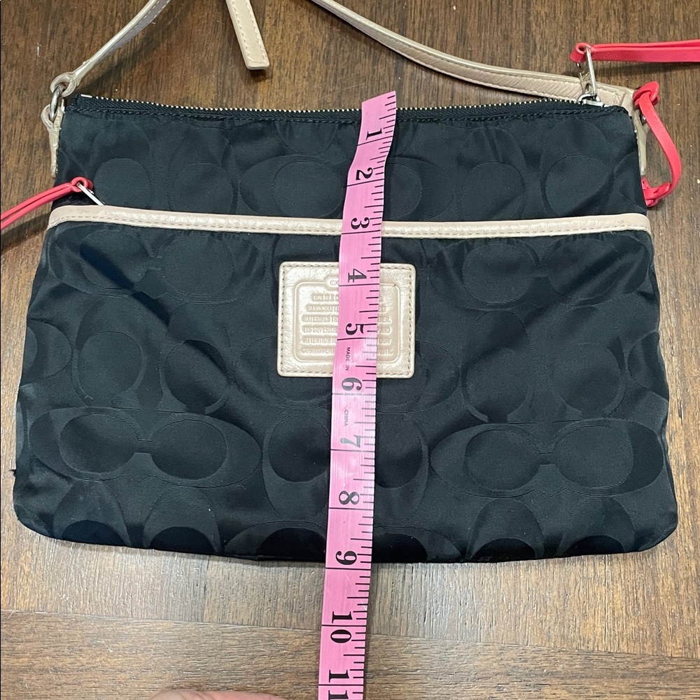 Coach Signiture Black and Tan Crossbody Bag with Red Accent - Picture 11 of 11